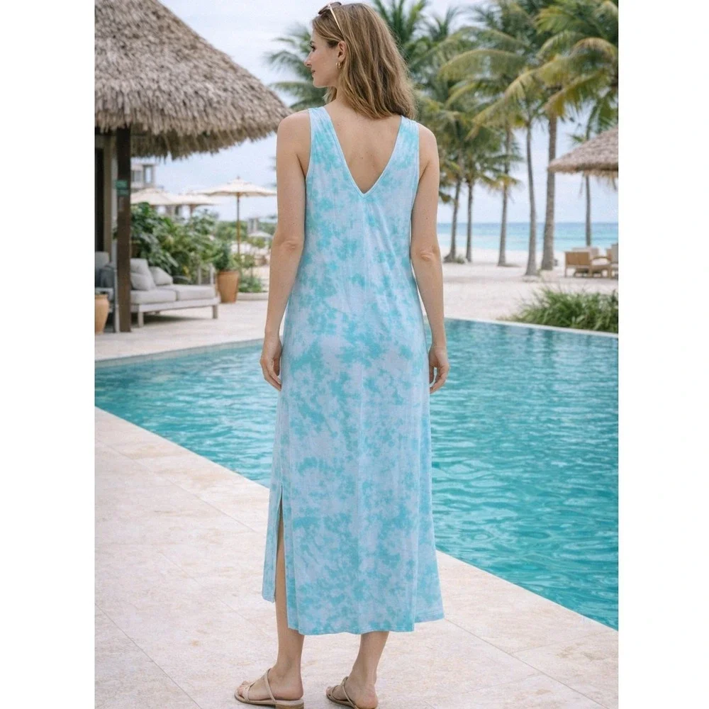 Beach Break Tie Dye Maxi Swim Cover Up Womens Large Aqua White Sleeveless EUC